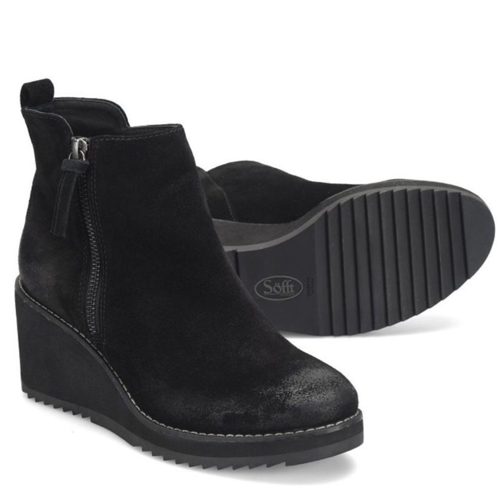 Sofft Black Suede Emeline Ankle Boots Waterproof Wedge Booties New US 7.5